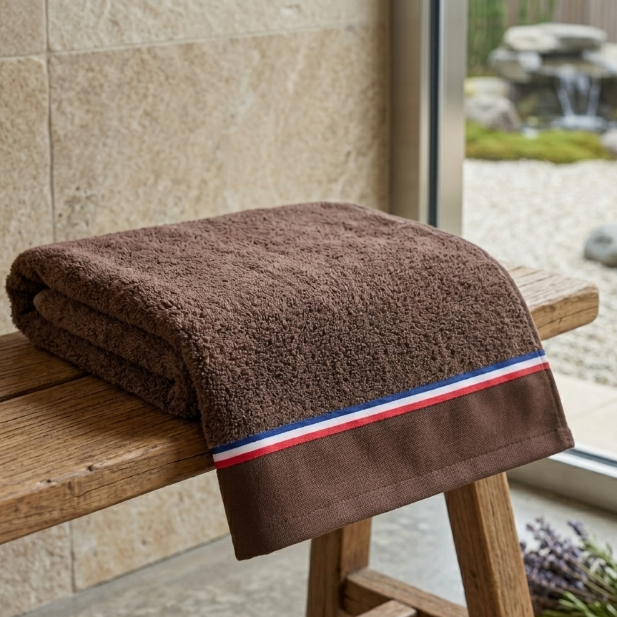 Serviette de bain marron chocolat en coton éponge avec un liseré tricolore bleu, blanc, rouge, pliée et posée sur un banc en bois rustique dans un décor de spa avec mur en pierre.